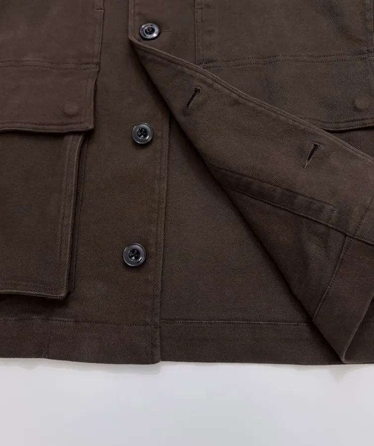 Jacket with Turn-Down Collar, Large Pockets, Loose Fit, Washed Cotton Casual Short Coat in Chocolate Brown, product view 19
