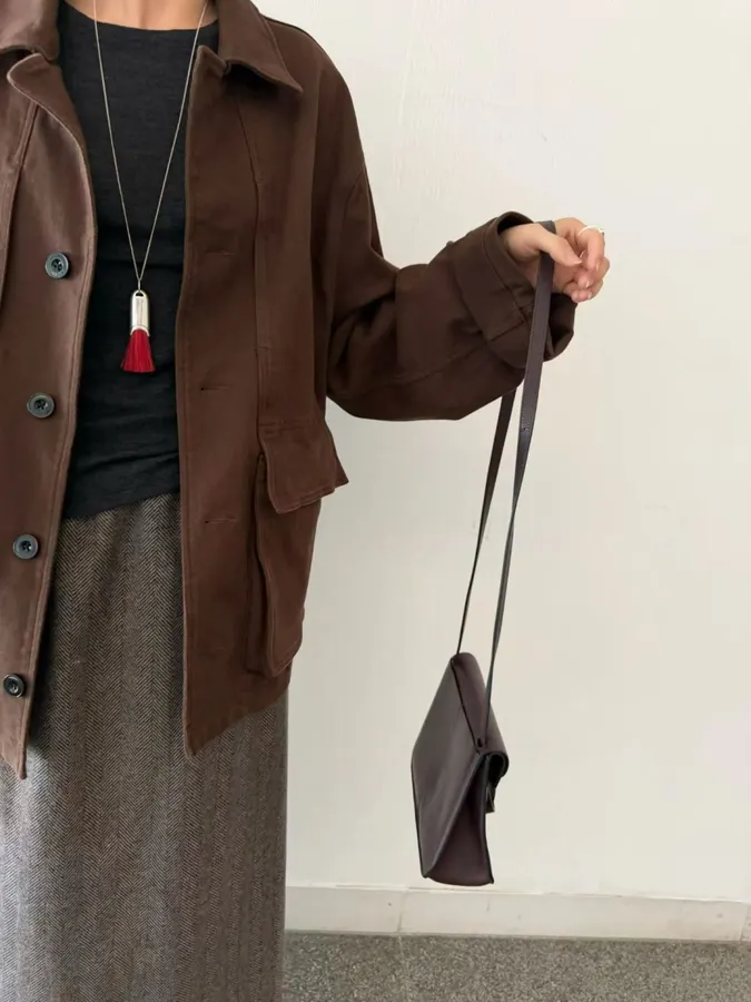 Jacket with Turn-Down Collar, Large Pockets, Loose Fit, Washed Cotton Casual Short Coat in Chocolate Brown, product view 28
