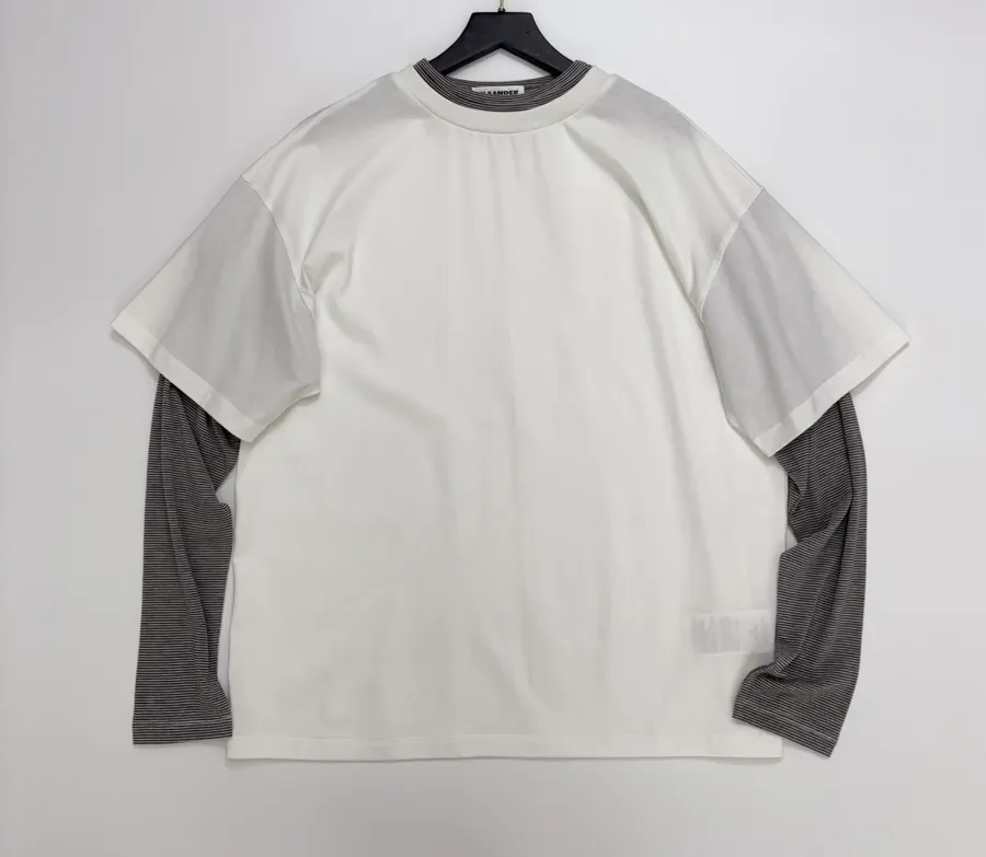 Loose Round-Neck Long-Sleeve T-Shirt, Top in White and Gray, product view 01