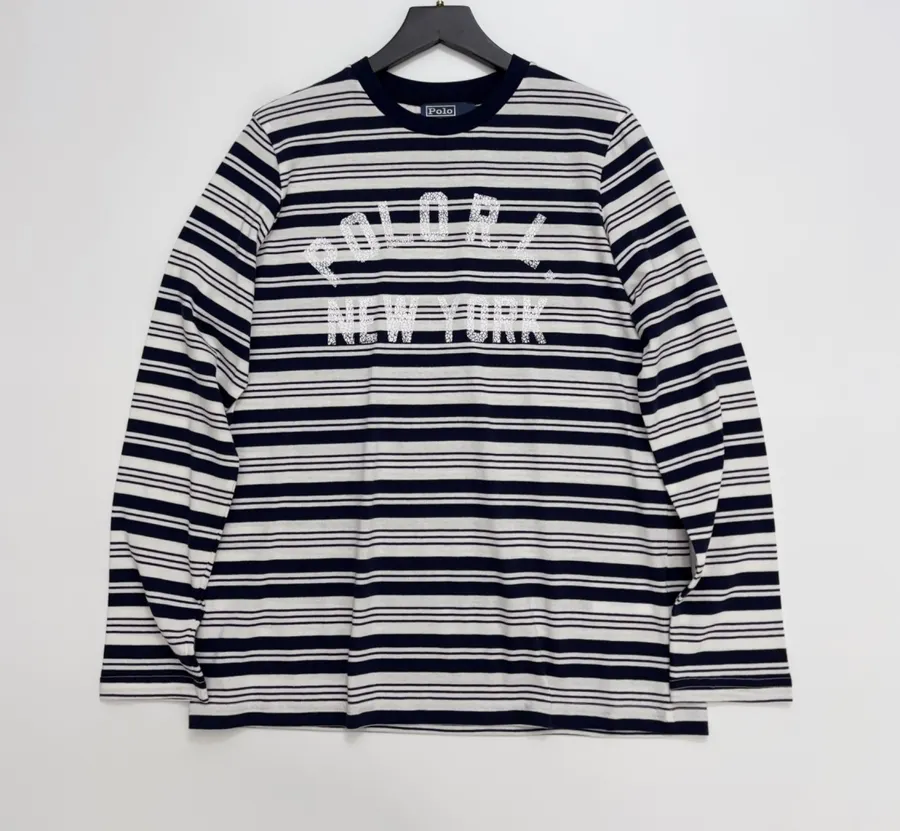 Letter-Print Striped Loose T-Shirt Top in Navy and White, product view 01