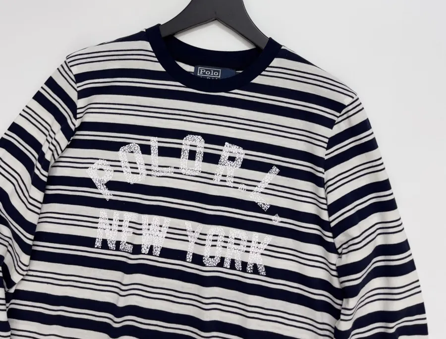 Letter-Print Striped Loose T-Shirt Top in Navy and White, product view 02