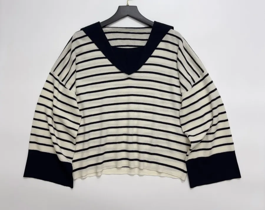 Cashmere-Wool Loose-Fit Sailor-Neck Striped Versatile Knit Sweater in Navy and Ivory, product view 01