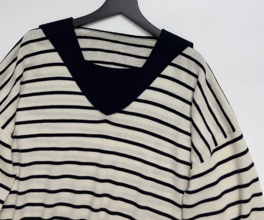 Cashmere-Wool Loose-Fit Sailor-Neck Striped Versatile Knit Sweater in Navy and Ivory, product view 02