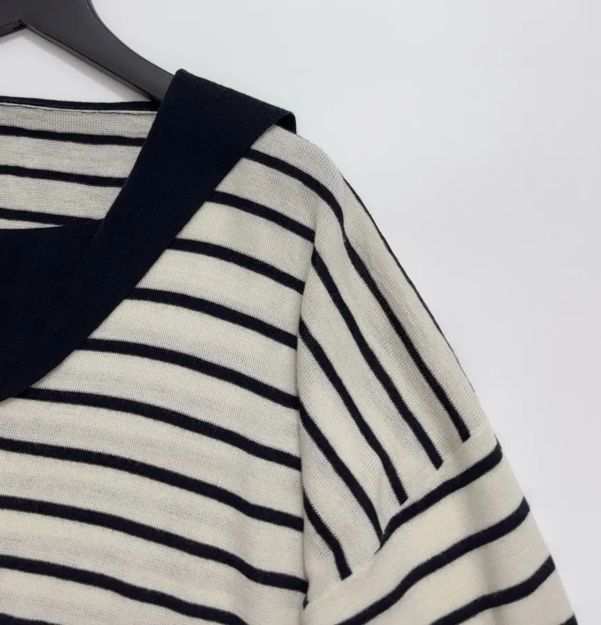 Cashmere-Wool Loose-Fit Sailor-Neck Striped Versatile Knit Sweater in Navy and Ivory, product view 03