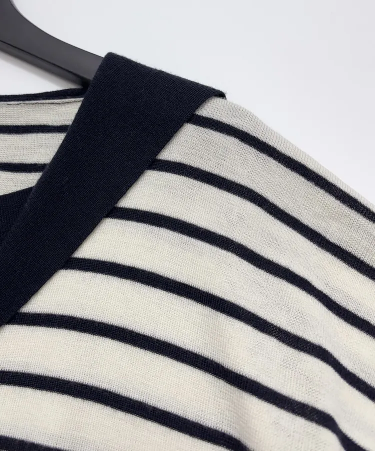 Cashmere-Wool Loose-Fit Sailor-Neck Striped Versatile Knit Sweater in Navy and Ivory, product view 04