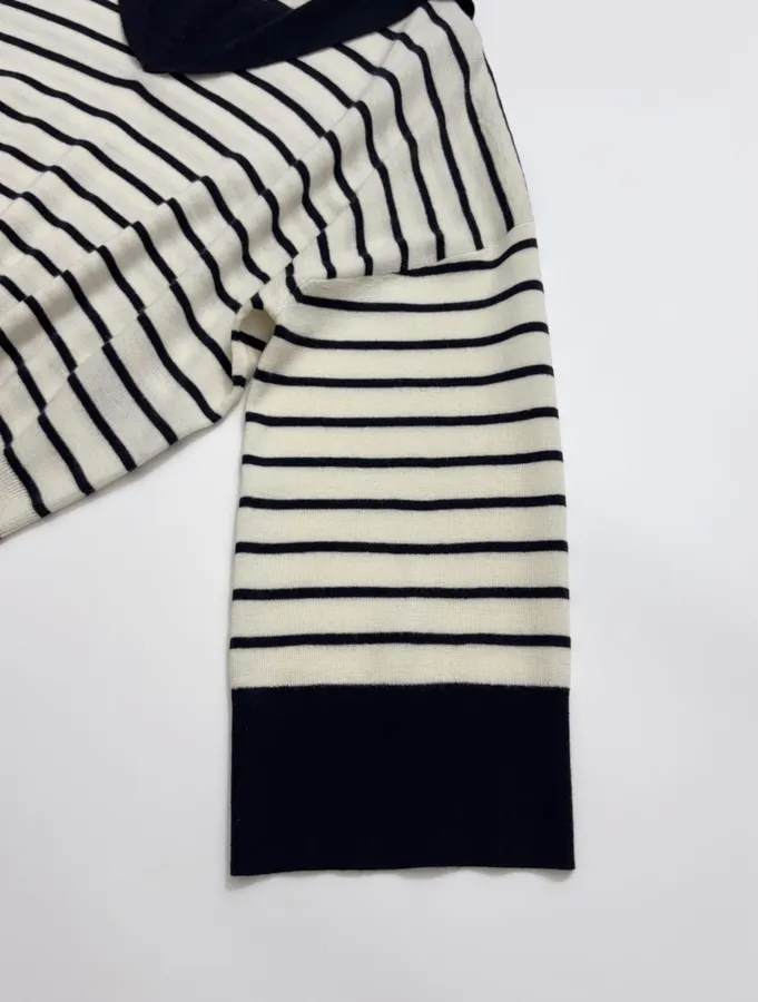 Cashmere-Wool Loose-Fit Sailor-Neck Striped Versatile Knit Sweater in Navy and Ivory, product view 05