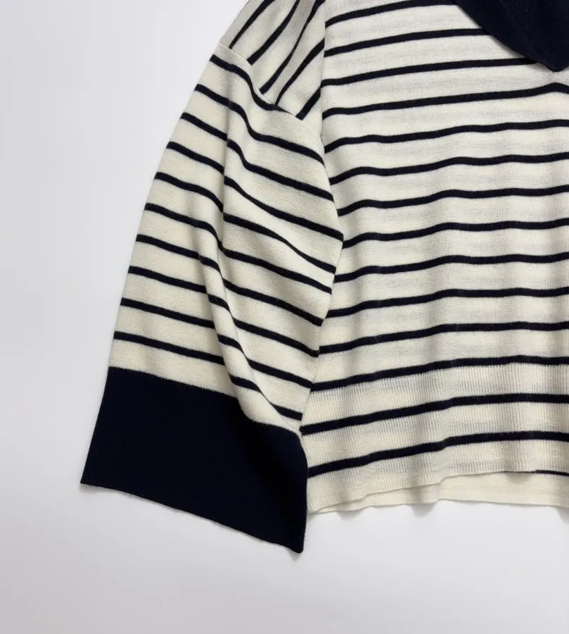 Cashmere-Wool Loose-Fit Sailor-Neck Striped Versatile Knit Sweater in Navy and Ivory, product view 09