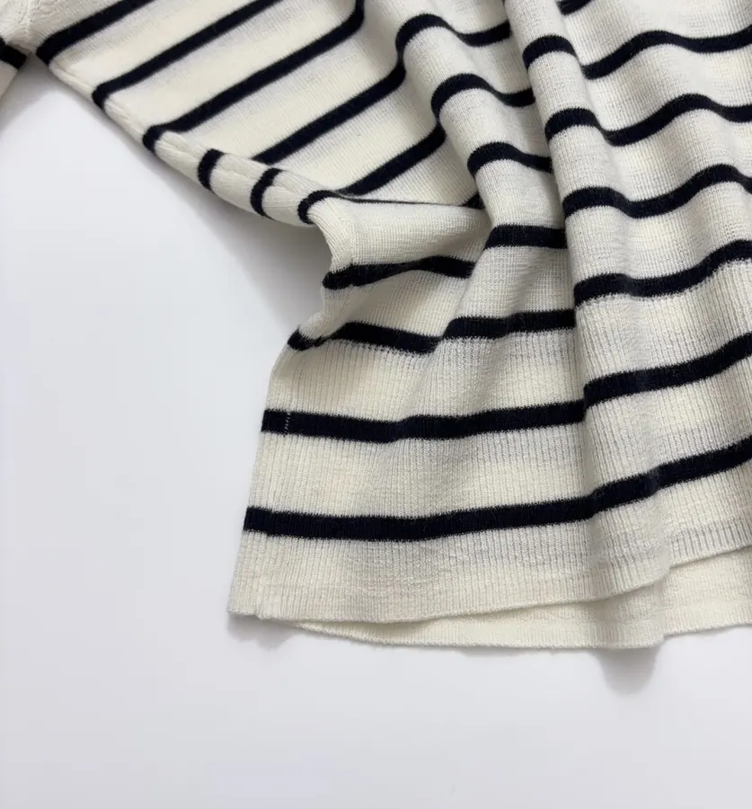 Cashmere-Wool Loose-Fit Sailor-Neck Striped Versatile Knit Sweater in Navy and Ivory, product view 10