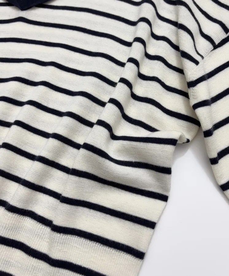 Cashmere-Wool Loose-Fit Sailor-Neck Striped Versatile Knit Sweater in Navy and Ivory, product view 13