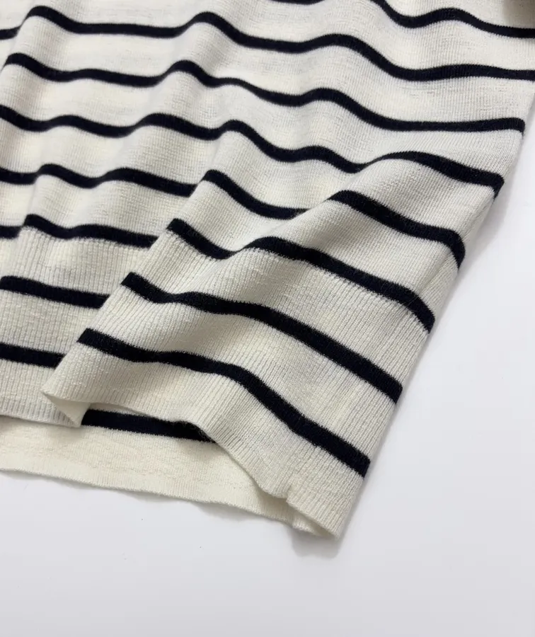 Cashmere-Wool Loose-Fit Sailor-Neck Striped Versatile Knit Sweater in Navy and Ivory, product view 14