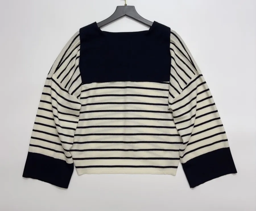Cashmere-Wool Loose-Fit Sailor-Neck Striped Versatile Knit Sweater in Navy and Ivory, product view 15
