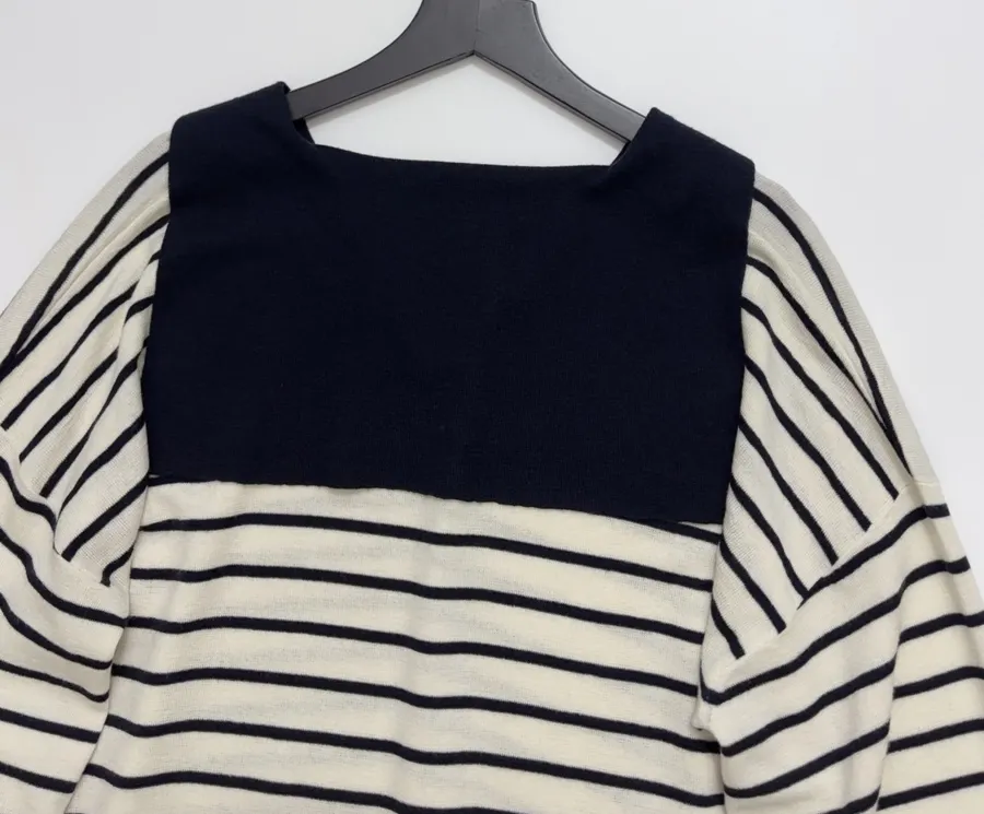 Cashmere-Wool Loose-Fit Sailor-Neck Striped Versatile Knit Sweater in Navy and Ivory, product view 16