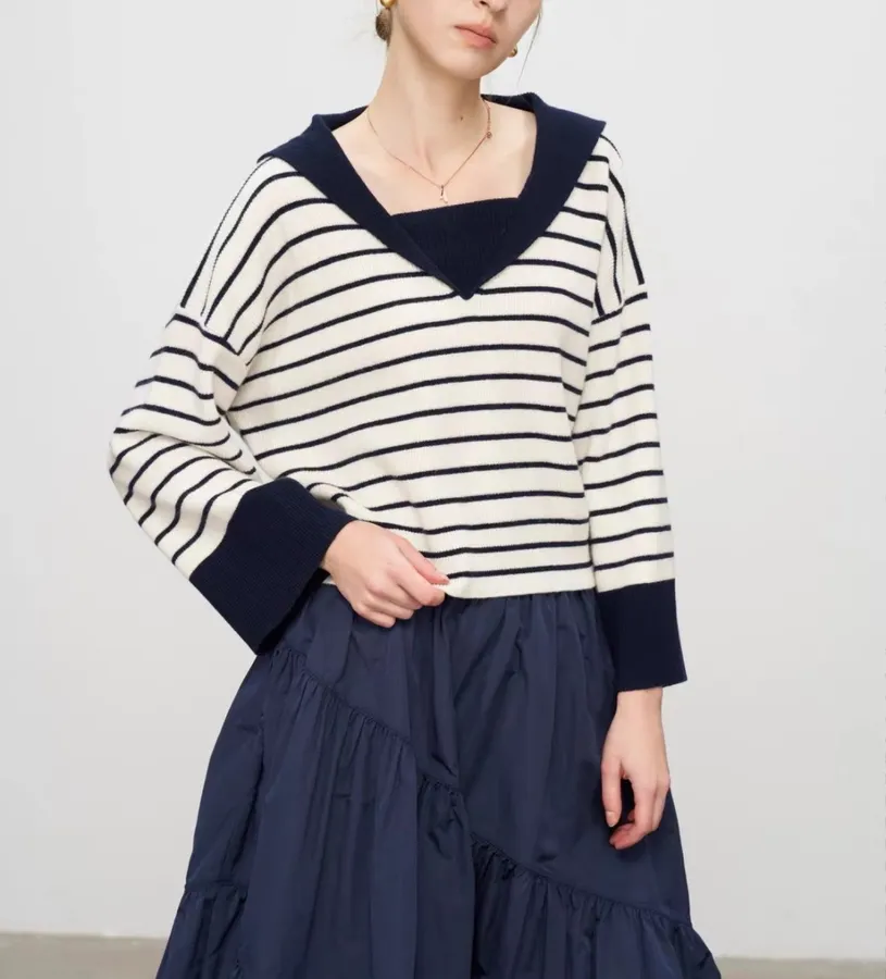 Cashmere-Wool Loose-Fit Sailor-Neck Striped Versatile Knit Sweater in Navy and Ivory, product view 19