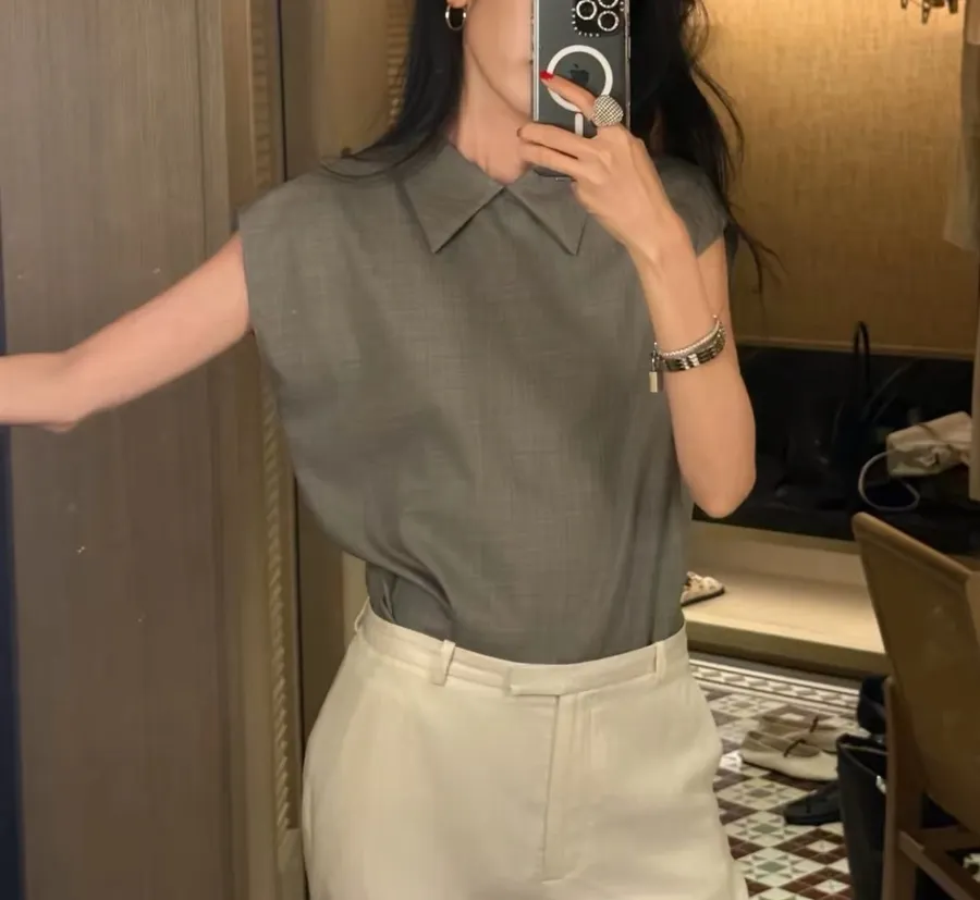 Taupe Sleeveless Collared Knit Top in Gray, product view 01