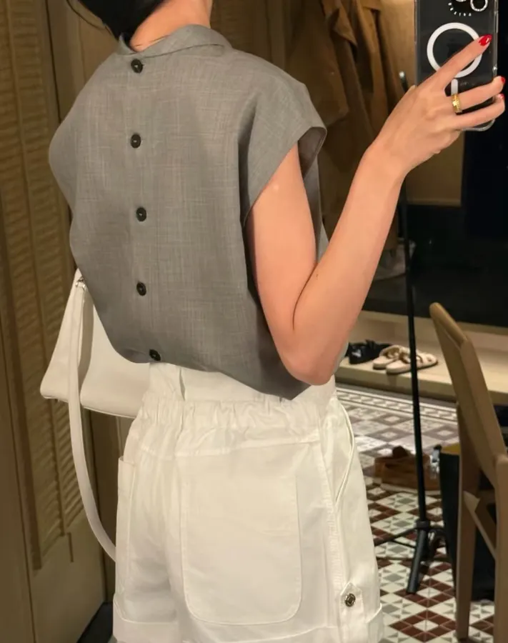 Taupe Sleeveless Collared Knit Top in Gray, product view 03