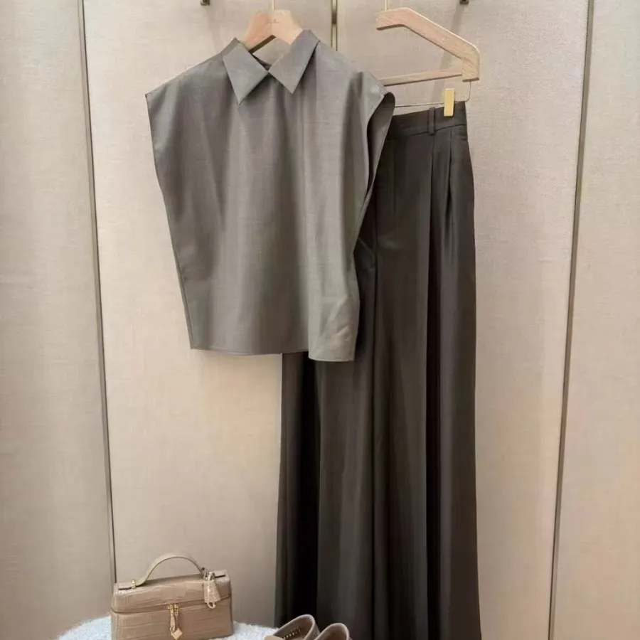 Taupe Sleeveless Collared Knit Top in Gray, product view 20