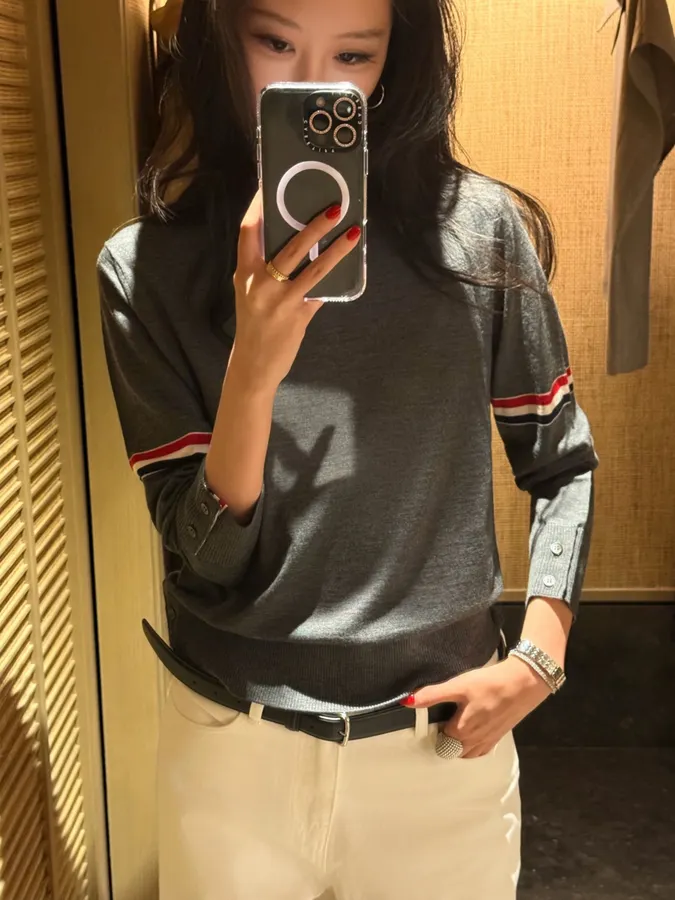 Classic Color-Block Striped Webbing Button Slit Wool Lightweight Knit Sweater in Charcoal, product view 01