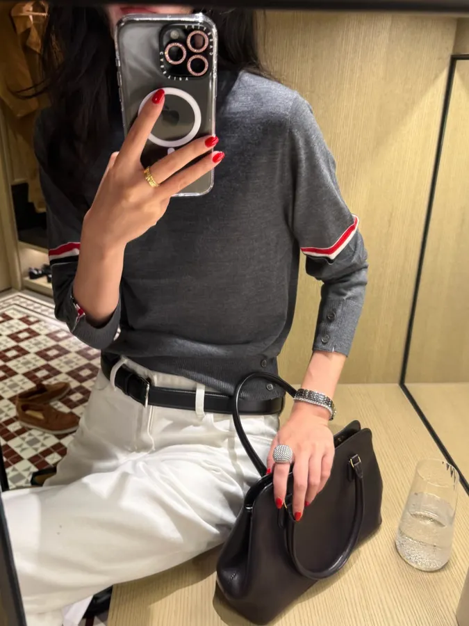 Classic Color-Block Striped Webbing Button Slit Wool Lightweight Knit Sweater in Charcoal, product view 04