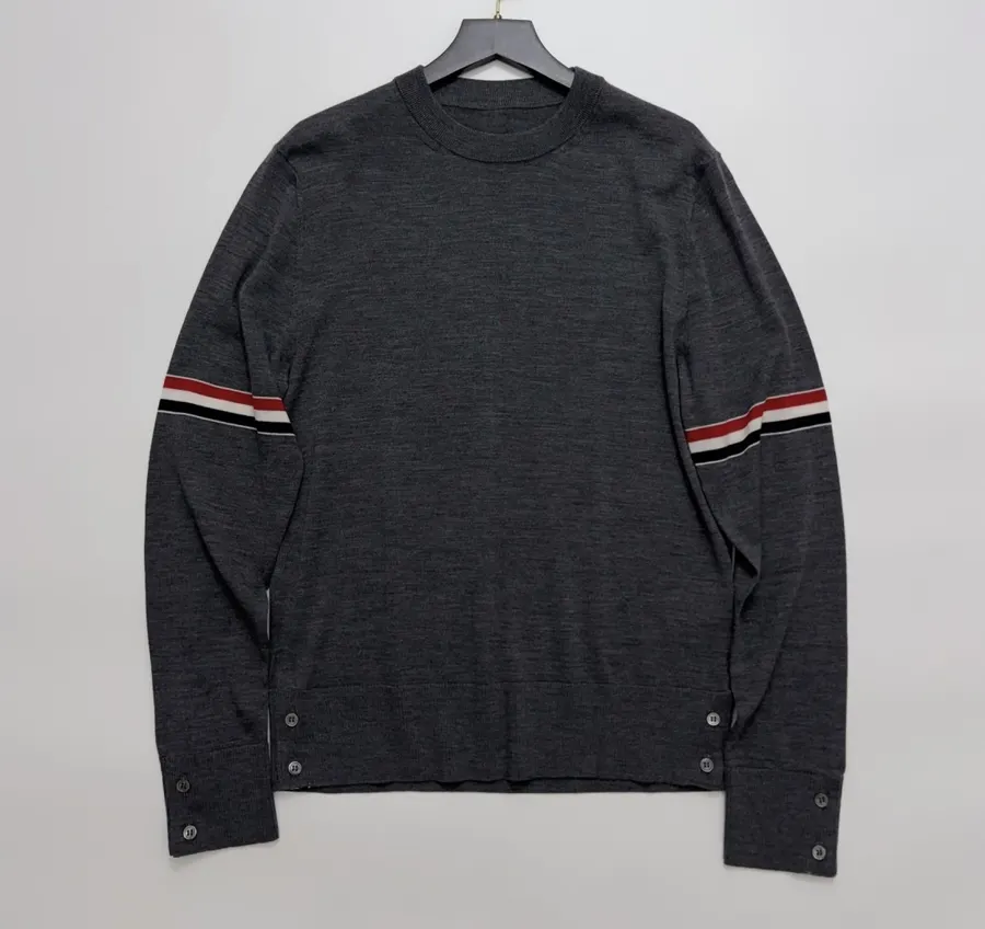 Classic Color-Block Striped Webbing Button Slit Wool Lightweight Knit Sweater in Charcoal, product view 06