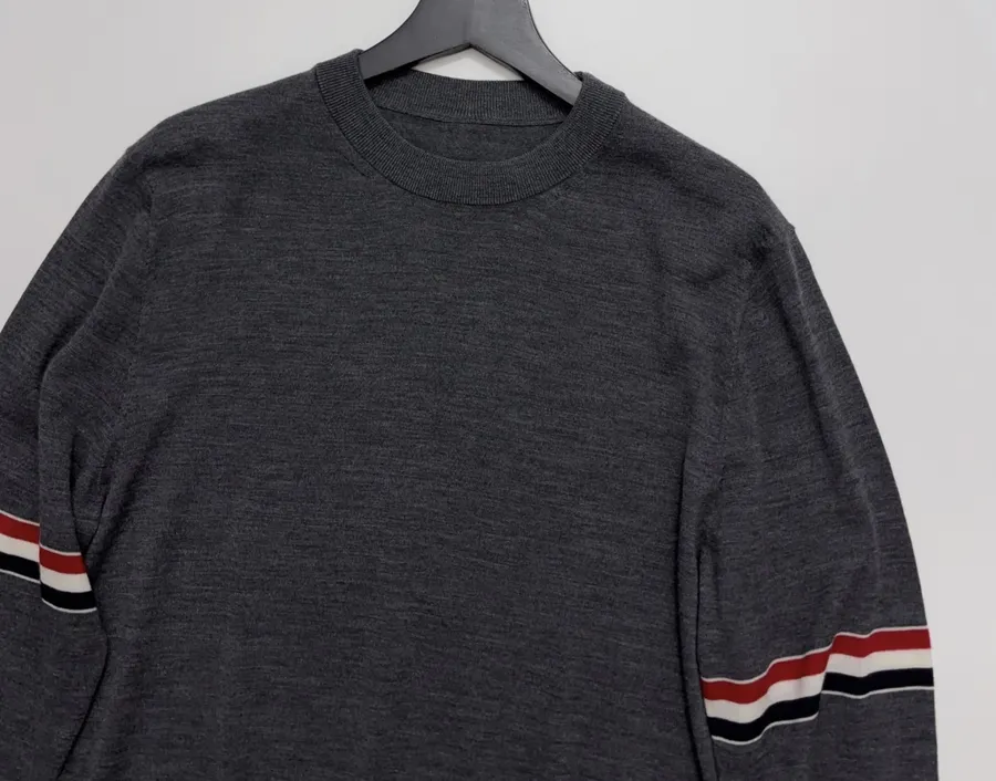 Classic Color-Block Striped Webbing Button Slit Wool Lightweight Knit Sweater in Charcoal, product view 07