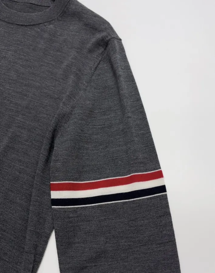 Classic Color-Block Striped Webbing Button Slit Wool Lightweight Knit Sweater in Charcoal, product view 09