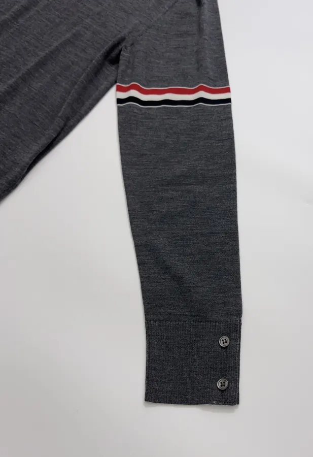 Classic Color-Block Striped Webbing Button Slit Wool Lightweight Knit Sweater in Charcoal, product view 10