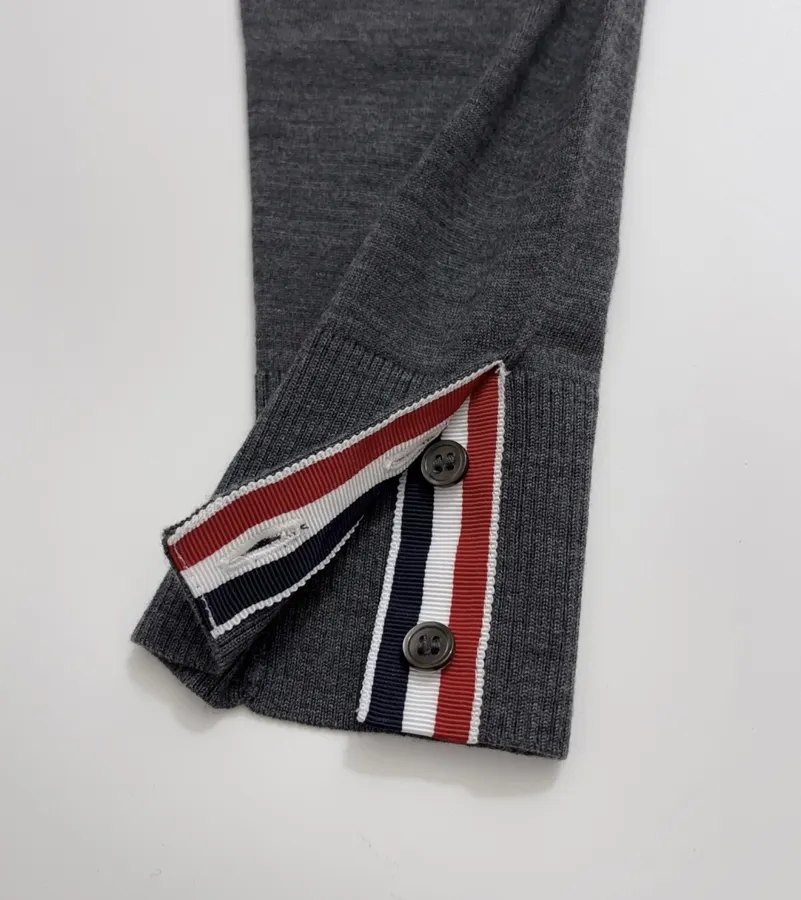 Classic Color-Block Striped Webbing Button Slit Wool Lightweight Knit Sweater in Charcoal, product view 12