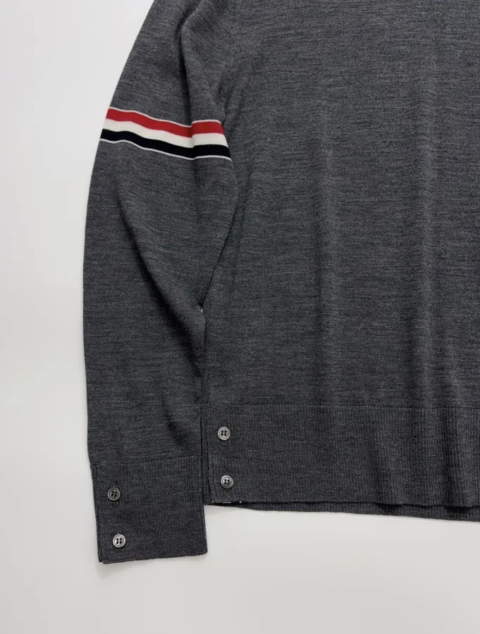 Classic Color-Block Striped Webbing Button Slit Wool Lightweight Knit Sweater in Charcoal, product view 13