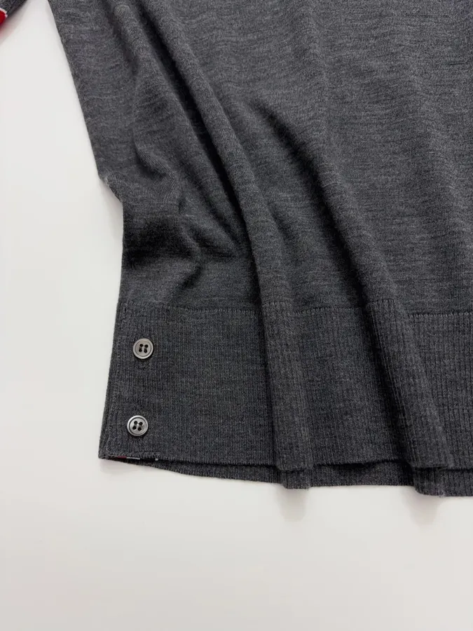 Classic Color-Block Striped Webbing Button Slit Wool Lightweight Knit Sweater in Charcoal, product view 14