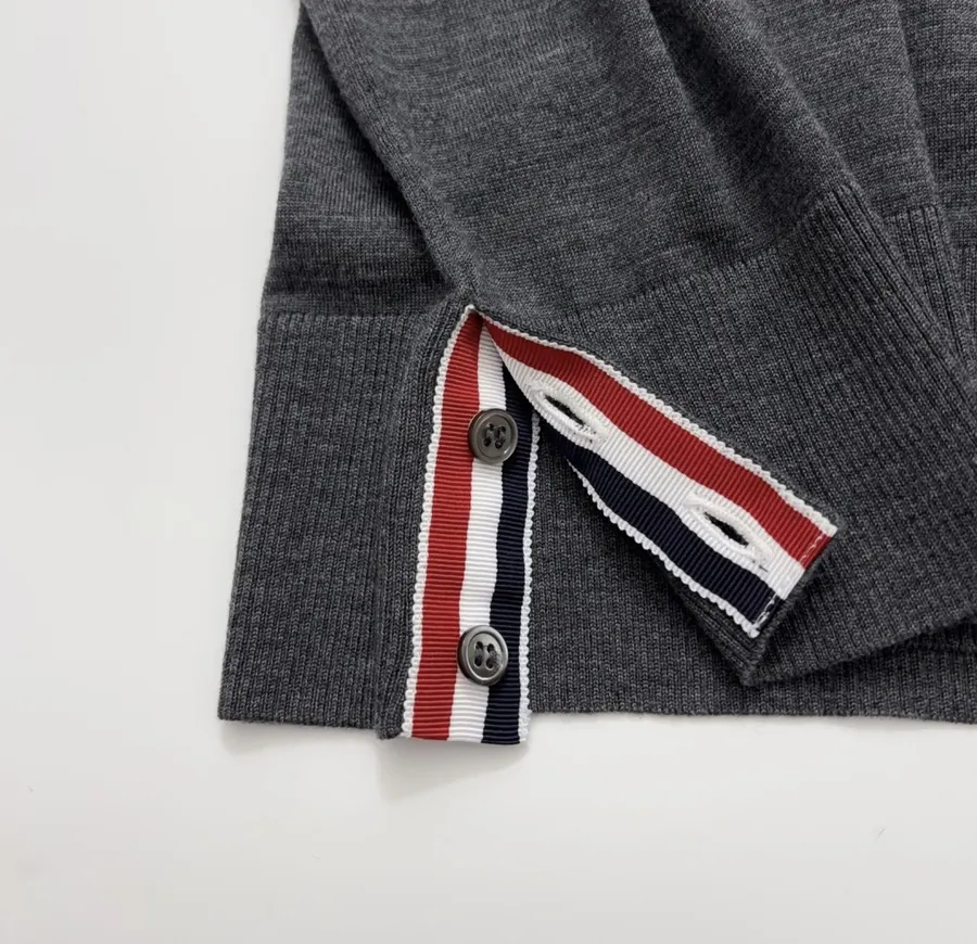 Classic Color-Block Striped Webbing Button Slit Wool Lightweight Knit Sweater in Charcoal, product view 15