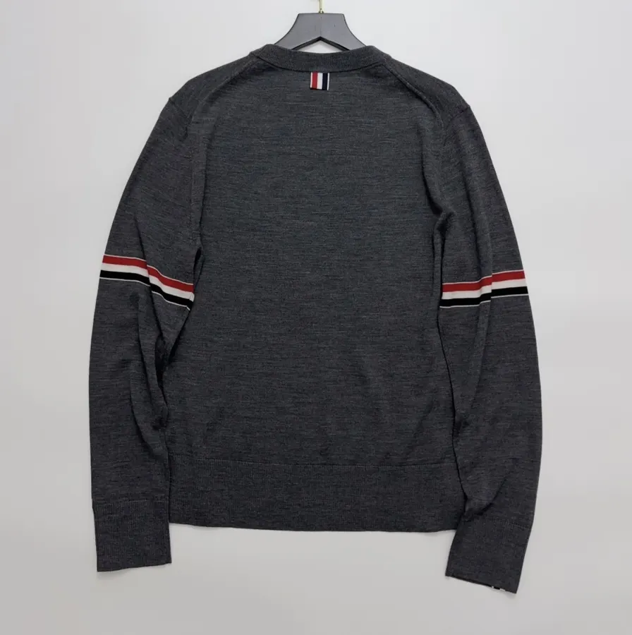 Classic Color-Block Striped Webbing Button Slit Wool Lightweight Knit Sweater in Charcoal, product view 19