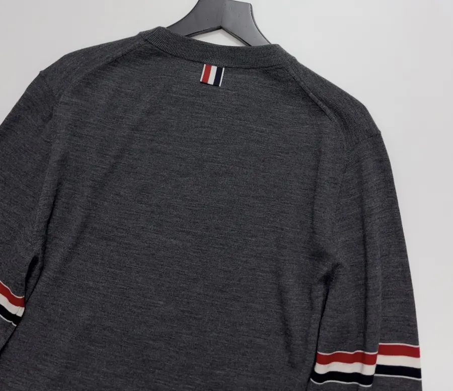 Classic Color-Block Striped Webbing Button Slit Wool Lightweight Knit Sweater in Charcoal, product view 20