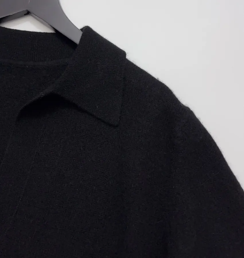 Solid Cashmere Collared Short-Sleeve Knit Polo in Navy, product view 04