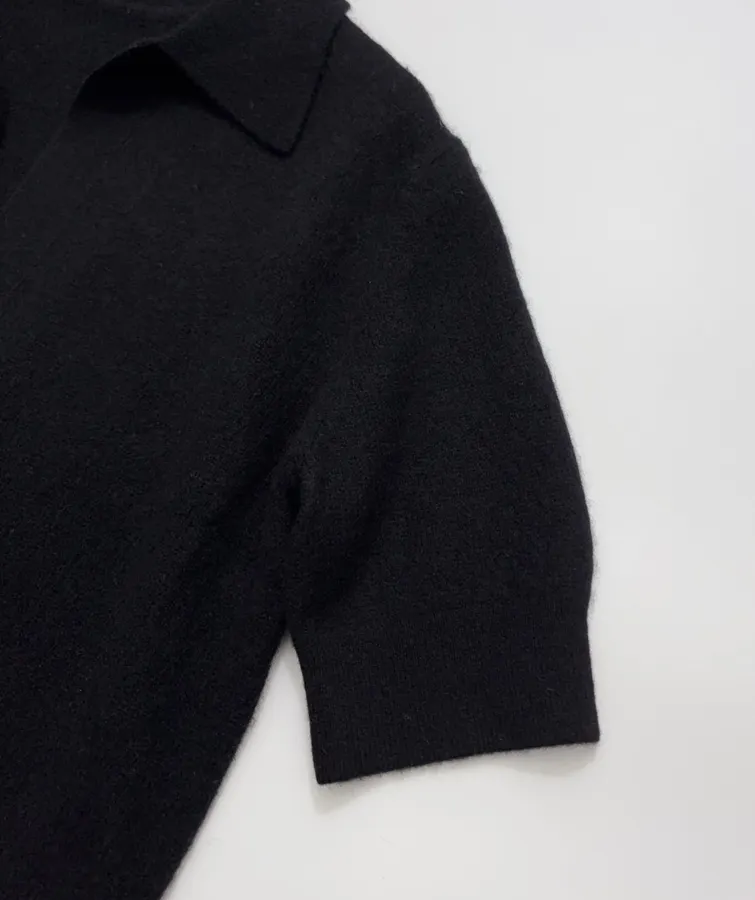 Solid Cashmere Collared Short-Sleeve Knit Polo in Navy, product view 05