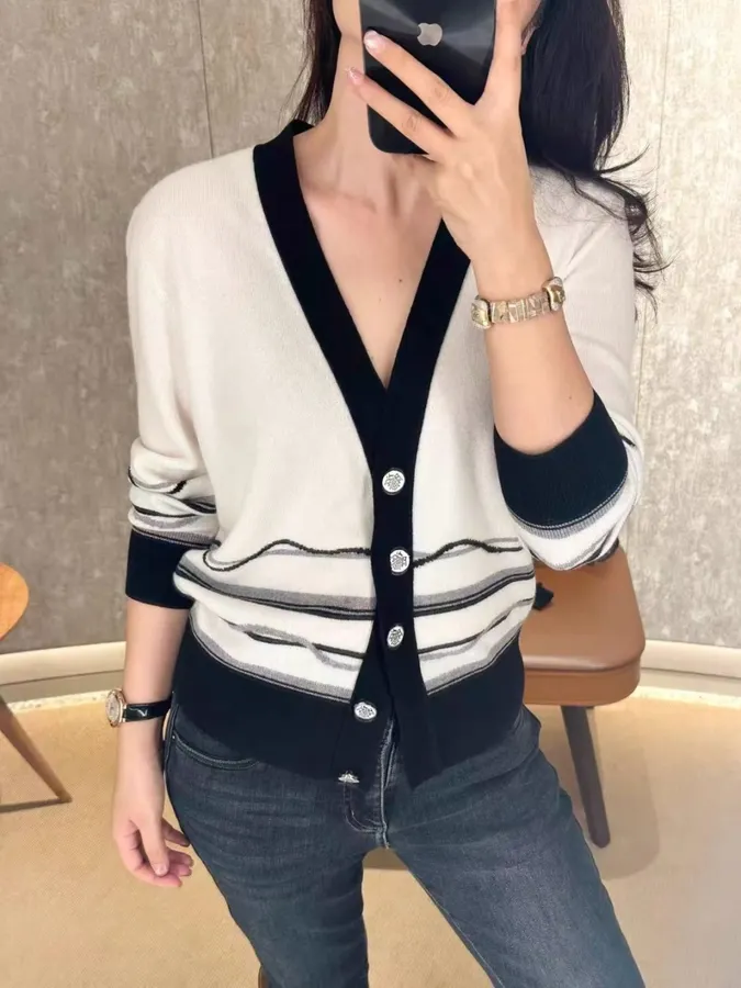 Classic Three-Color Jacquard Custom Button Elegant Deep-V Soft Cashmere Knit Cardigan in Ivory and Navy, product view 01