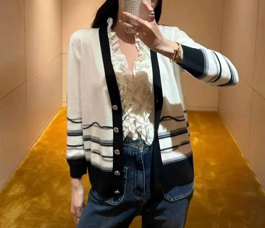 Classic Three-Color Jacquard Custom Button Elegant Deep-V Soft Cashmere Knit Cardigan in Ivory and Navy, product view 02