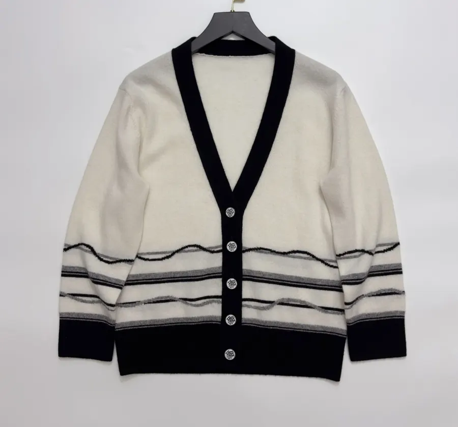 Classic Three-Color Jacquard Custom Button Elegant Deep-V Soft Cashmere Knit Cardigan in Ivory and Navy, product view 03