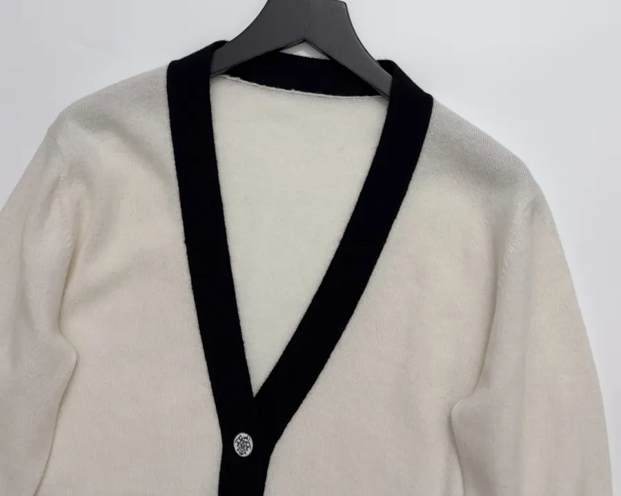 Classic Three-Color Jacquard Custom Button Elegant Deep-V Soft Cashmere Knit Cardigan in Ivory and Navy, product view 04