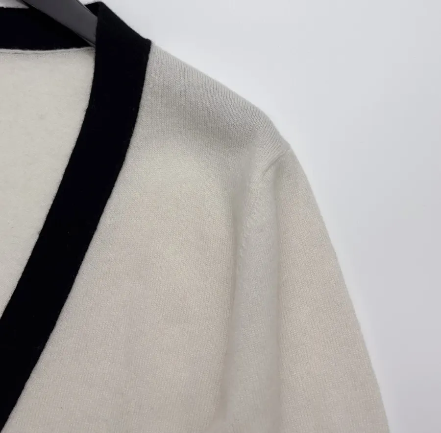 Classic Three-Color Jacquard Custom Button Elegant Deep-V Soft Cashmere Knit Cardigan in Ivory and Navy, product view 05