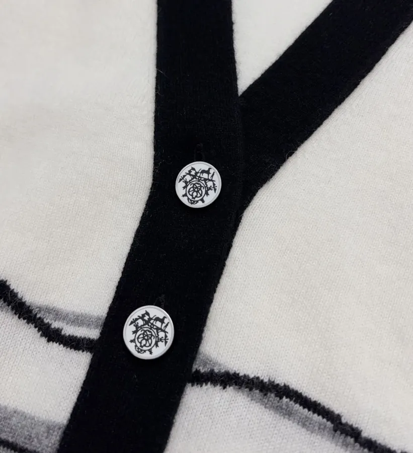 Classic Three-Color Jacquard Custom Button Elegant Deep-V Soft Cashmere Knit Cardigan in Ivory and Navy, product view 06