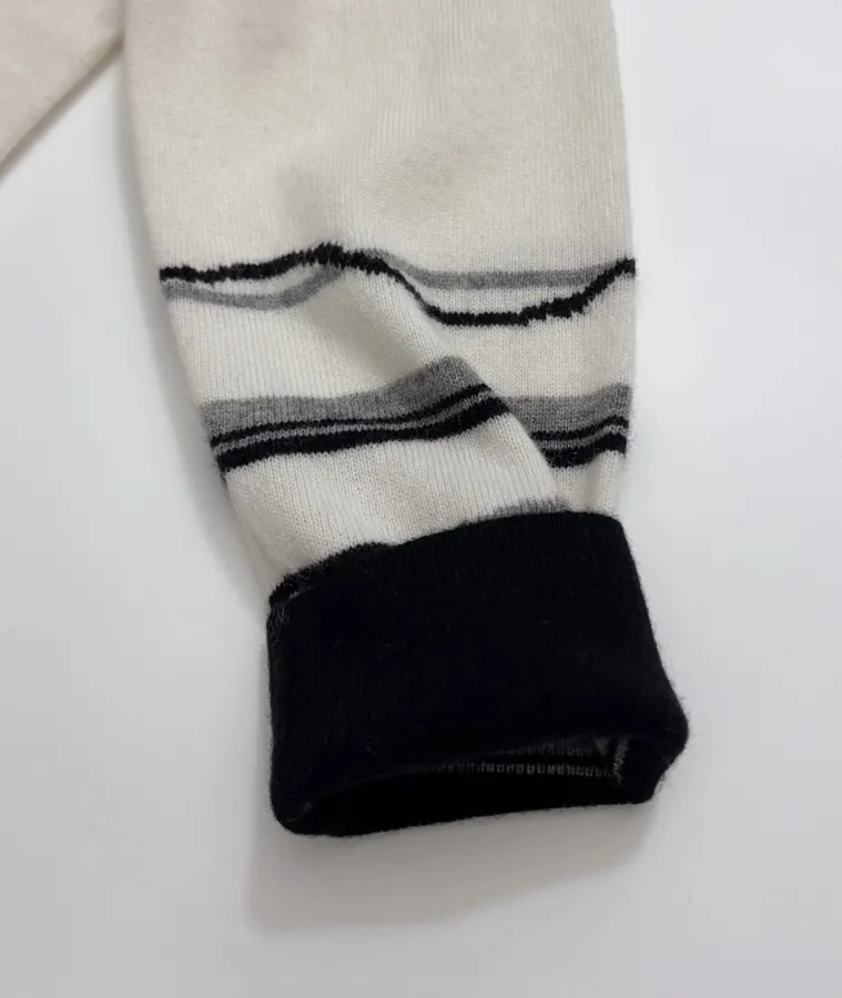 Classic Three-Color Jacquard Custom Button Elegant Deep-V Soft Cashmere Knit Cardigan in Ivory and Navy, product view 08