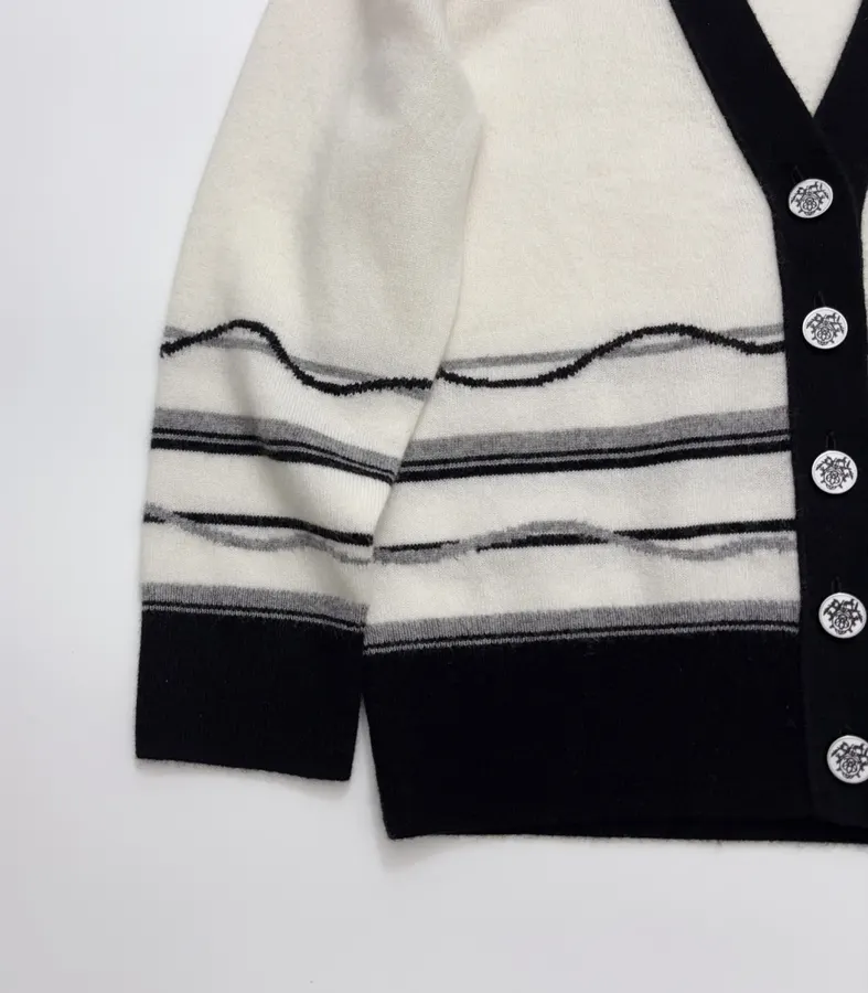 Classic Three-Color Jacquard Custom Button Elegant Deep-V Soft Cashmere Knit Cardigan in Ivory and Navy, product view 09