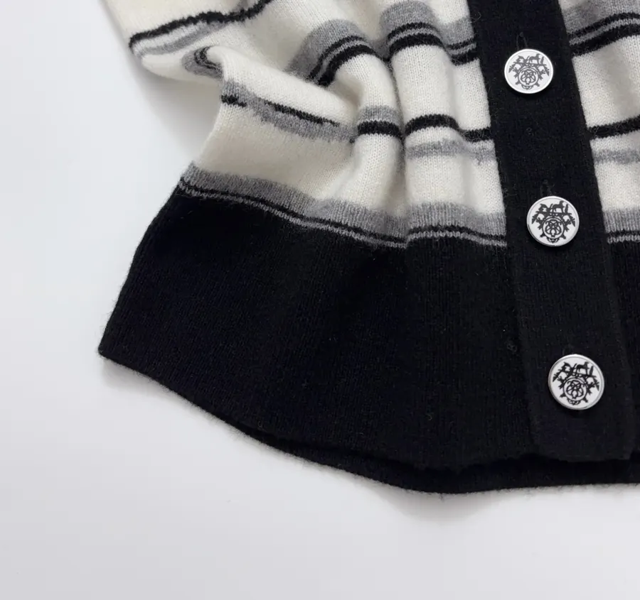 Classic Three-Color Jacquard Custom Button Elegant Deep-V Soft Cashmere Knit Cardigan in Ivory and Navy, product view 10