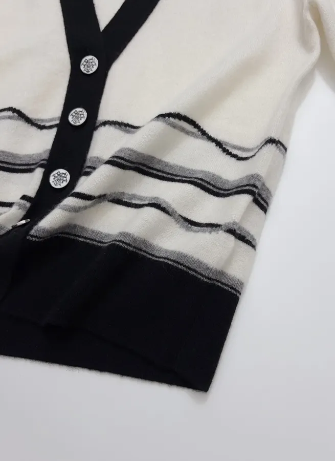 Classic Three-Color Jacquard Custom Button Elegant Deep-V Soft Cashmere Knit Cardigan in Ivory and Navy, product view 12