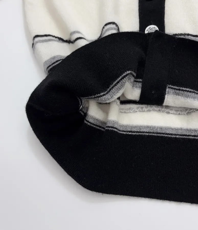 Classic Three-Color Jacquard Custom Button Elegant Deep-V Soft Cashmere Knit Cardigan in Ivory and Navy, product view 13