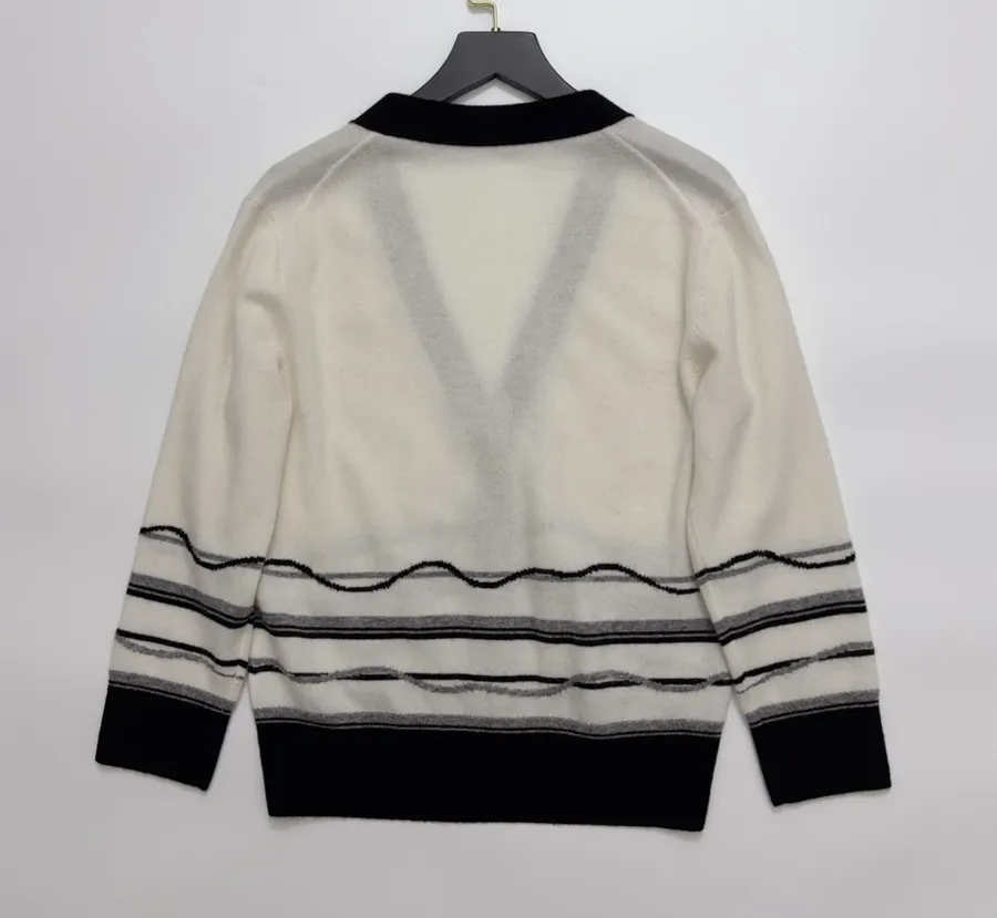 Classic Three-Color Jacquard Custom Button Elegant Deep-V Soft Cashmere Knit Cardigan in Ivory and Navy, product view 14