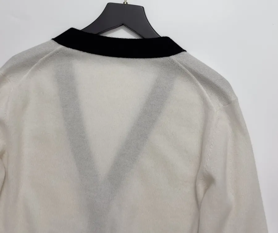 Classic Three-Color Jacquard Custom Button Elegant Deep-V Soft Cashmere Knit Cardigan in Ivory and Navy, product view 15