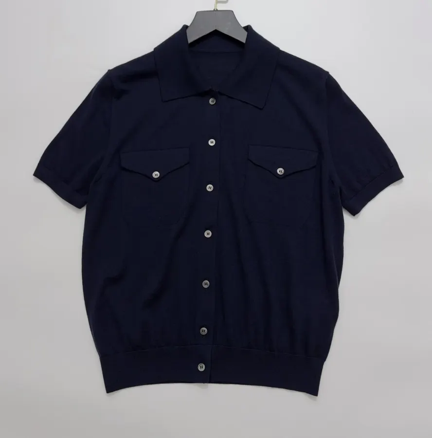 Short-Sleeve Knitted Cardigan, Double Pocket Single-Breasted Thin Wool Knit Top in Navy, product view 01