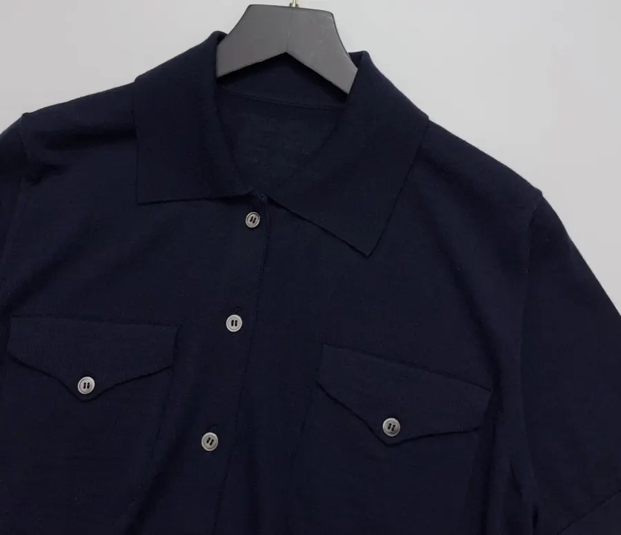 Short-Sleeve Knitted Cardigan, Double Pocket Single-Breasted Thin Wool Knit Top in Navy, product view 02