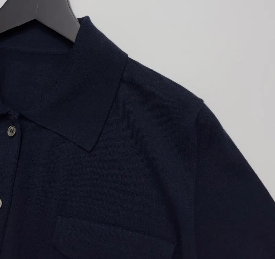 Short-Sleeve Knitted Cardigan, Double Pocket Single-Breasted Thin Wool Knit Top in Navy, product view 03